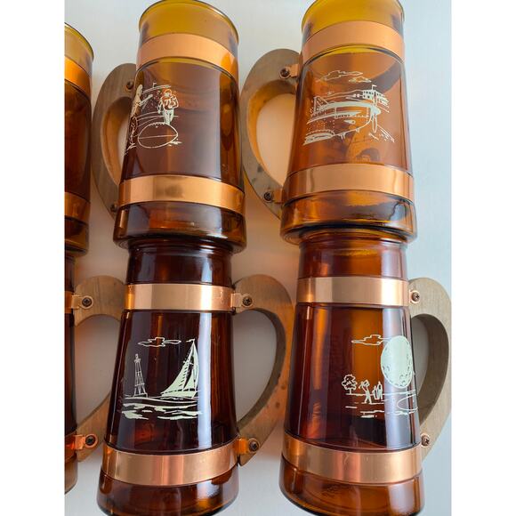 Vintage Amber Glass Beer Mugs Set of 8 – Sports Motif, 1960s Retro Barware - Picture 4 of 10